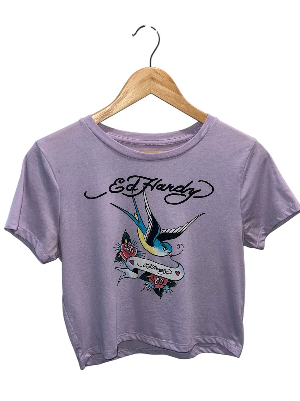 Ed Hardy Lavender Cropped Graphic Tee Swallow Bird Tattoo Y2K Women’s XL - Picture 2 of 6